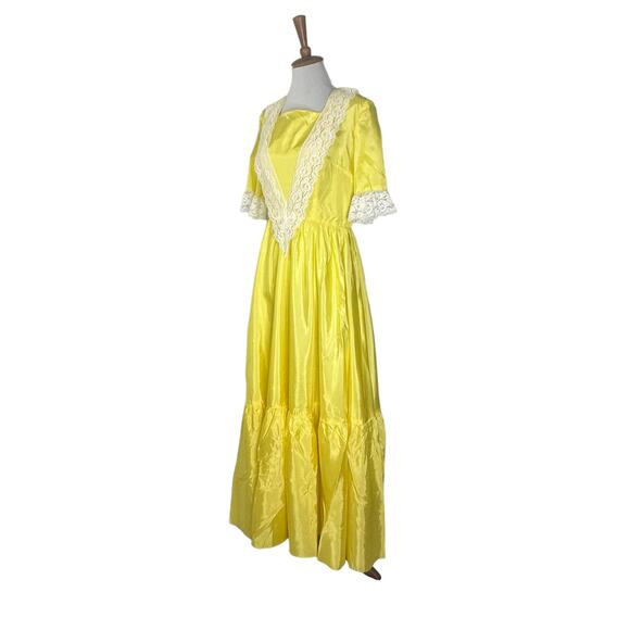 Vintage 80s Yellow Taffetta Bridgerton Style Dress w Matching Hat M - Picture 4 of 10